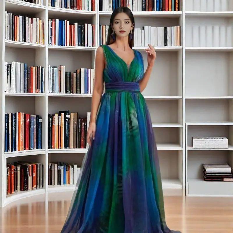 

European and American Women clothes Deep V Backless Print Big Hemline Dress Deep V Backless Printed Dress Green XXL