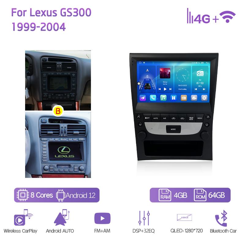 9.0Inch For Lexus GS300 1999-2004 GPS Navigation Radio Android12 8+128G 8Core CarPlay 4G 360 Camera Car Multimedia Video Player