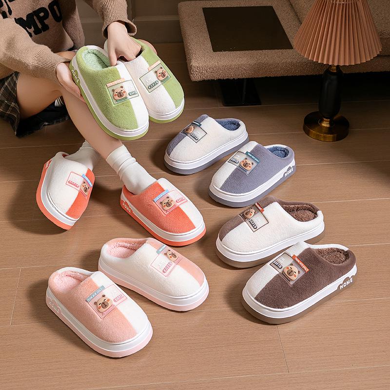 Plush Autumn/Winter Indoor Cotton Slippers - Thick-Soled and Warm for Men & Women