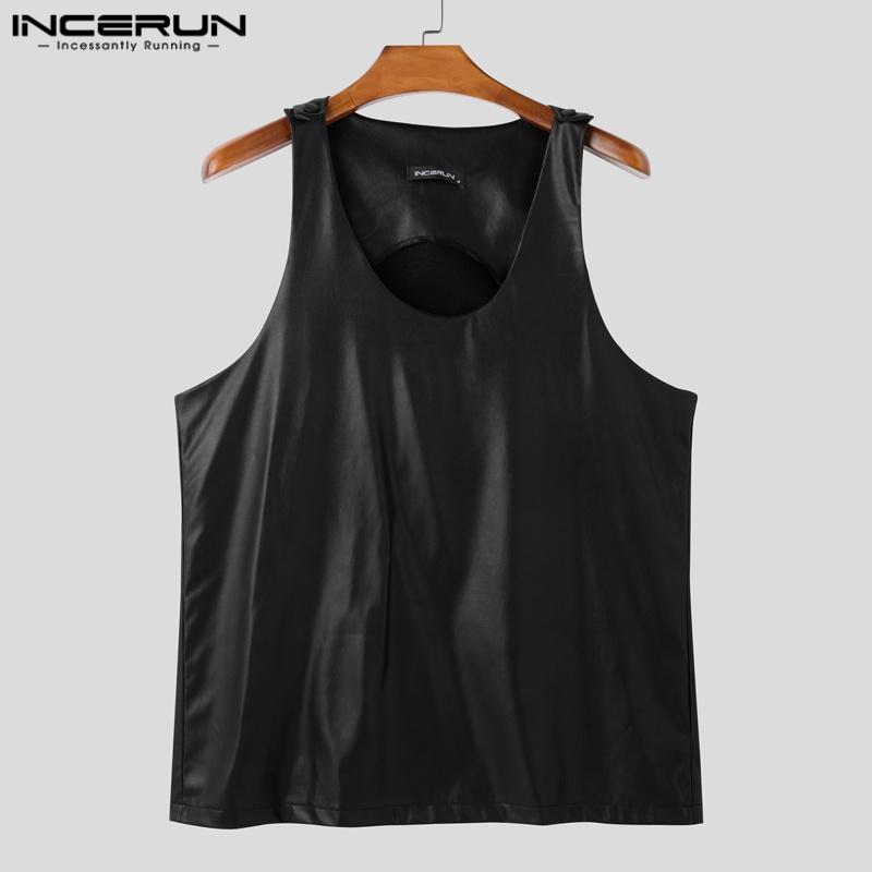 INCERUN Men Low Cut Neck Sleeveless PU Leather Casual Loose Tank Tops Tee