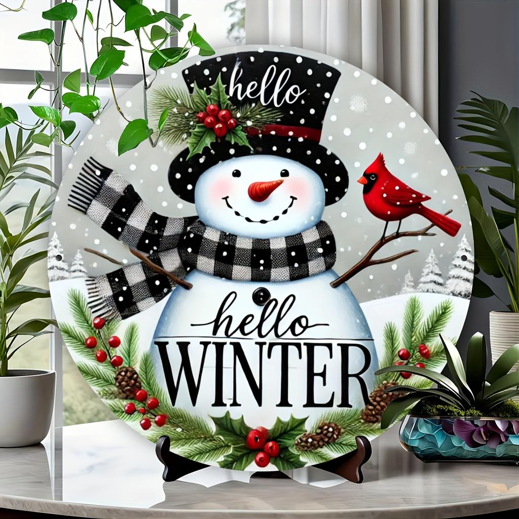 Winter Greetings Carved aluminum foil sign with Holly wreath center attachment, vintage metal tin plate for door, home