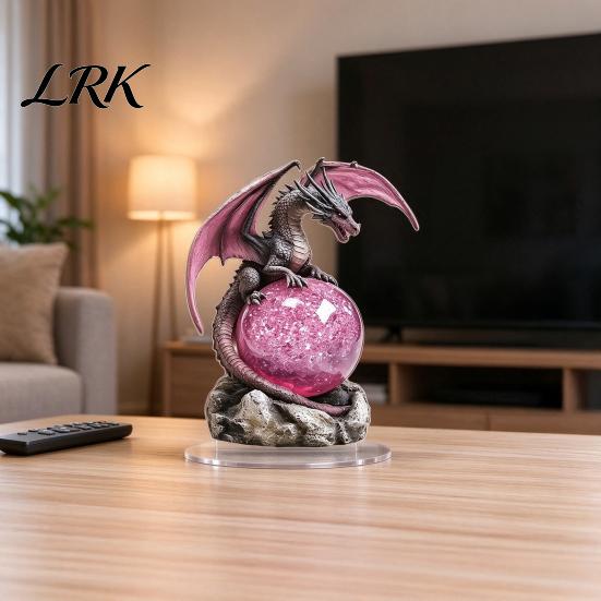 Decorative Figures for Bookshelves 2D Flat Acrylic Dragon Statue, Mystical with Pink Crystal Ball Handmade Fantasy Art Decor on Rock Base, Desktop