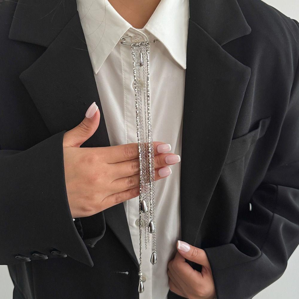 Exaggerated Clothing Tie Pin Alloy Bead Fixed Ornament Tassel Chain Brooch  Women Girls