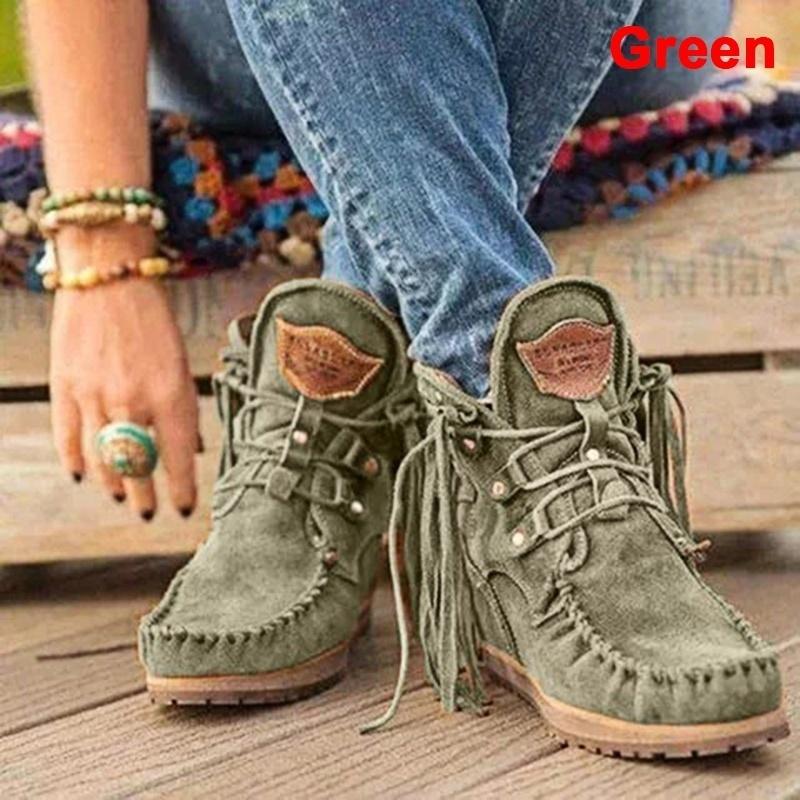 Fashion Faux Leather Tassel Boots for Women Short Platform Boots High Top Martin Boots Vintage Chunky Low Heel Short Boot Ankle Booties Flat Boots