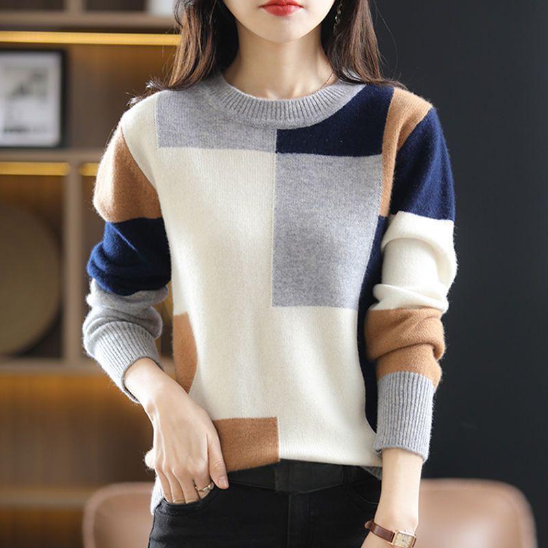 

Весна Осень Женский Круглый вырез Цветной блок свитер Длинный рукав Пуловер Свитер Свитер Топы Джемпер XL темно-синий