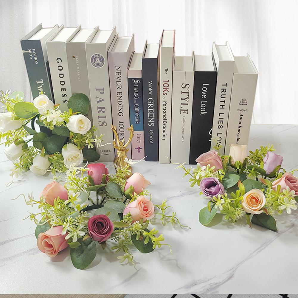 2pcs Artificial Garland with Candlestick Centerpieces, Rose Candle Wreath, Tea Light Candle Holders, Artificial Plant Wreath