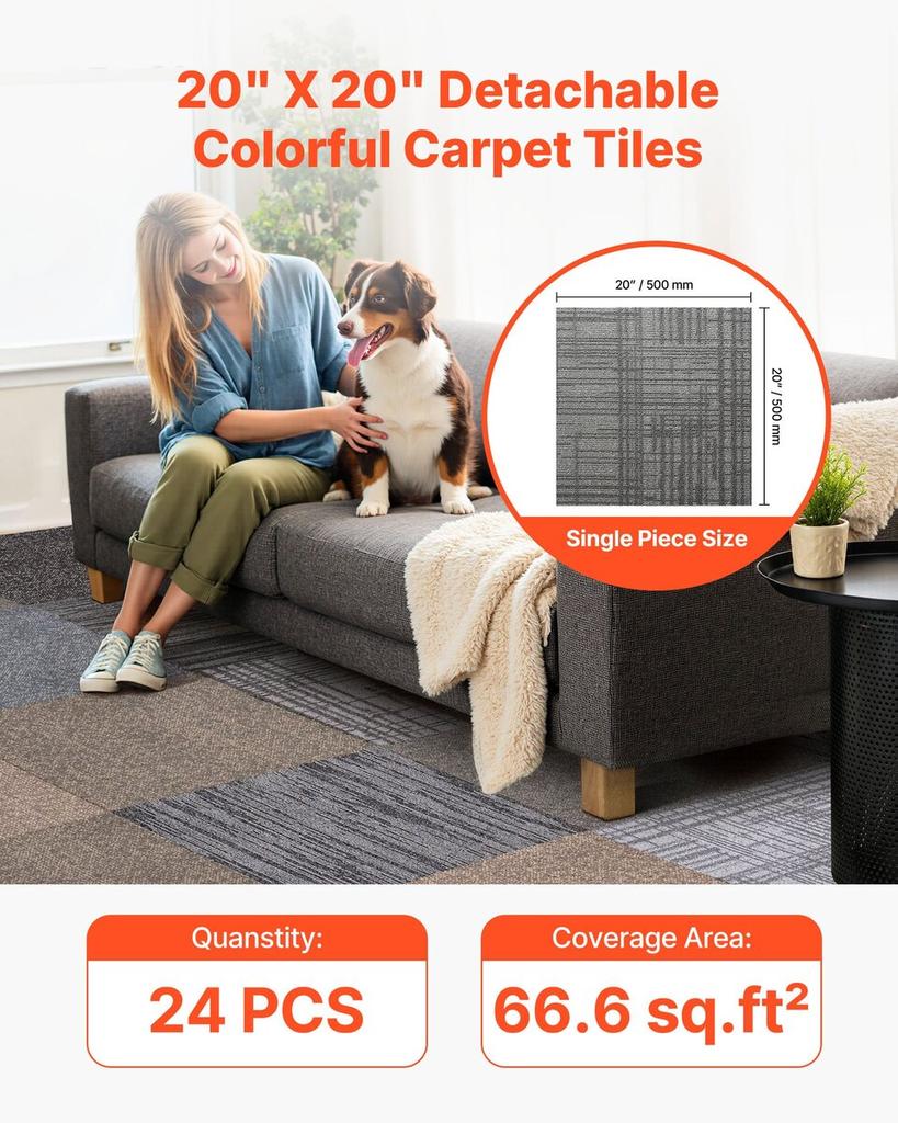 Carpet Tiles Reusable 508 x 508 mm, 24 PCS Modular Carpet Square Rug, Commercial Floor Soft Padded for Seamless Cover 6.2, Easy DIY Replacement for
