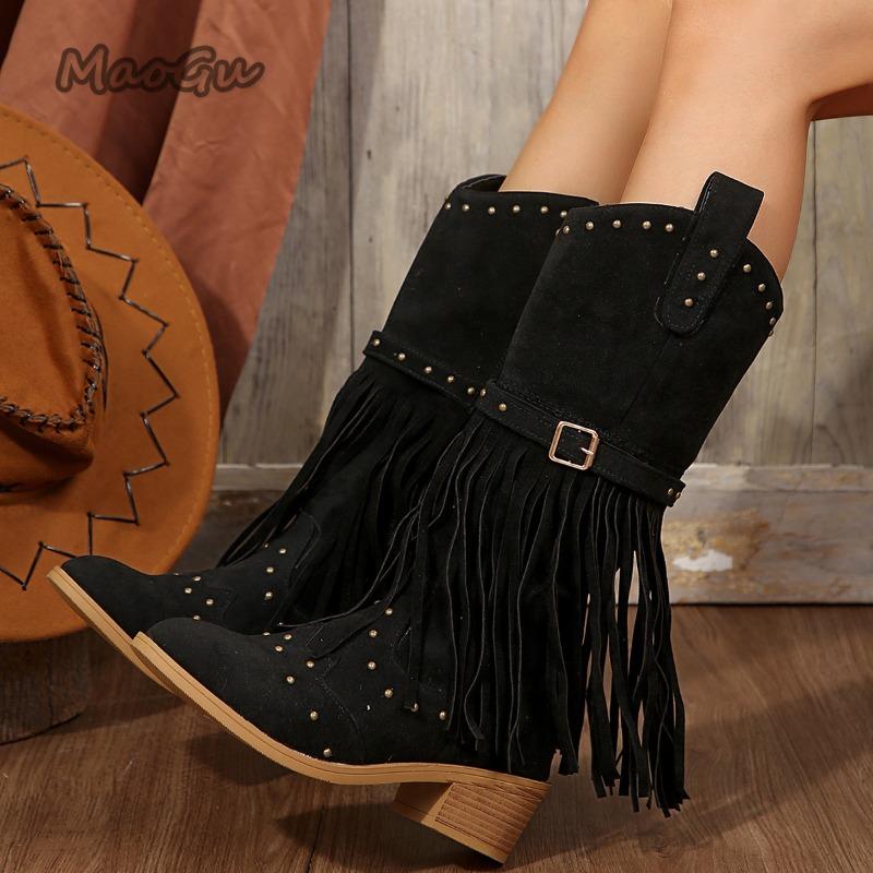 Fashion Autumn Winter Women Fringes Thick Mid Heel Boots Suede Pointed Toe Outdoor Fashion Cowboy Mid-Calf Boots Botas Para Mujer Size43