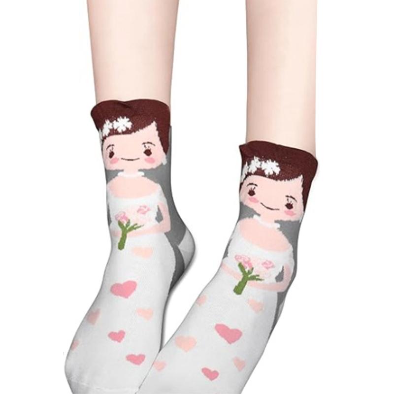 

Novelty Cotton Socks Cartoon Groom Bride Pattern Crew Socks for Couples Wedding Parties Honeymoon Engagement Gifts белый