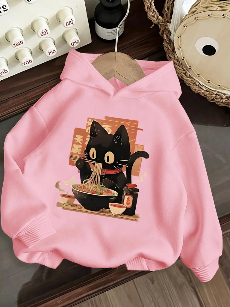 Girls Boys Kids Hoodie Cute Cat Printed Sweatshirt Kawaii Japanese Style Cartoon Food Graphic Pullover Hooded Top Autumn Winter