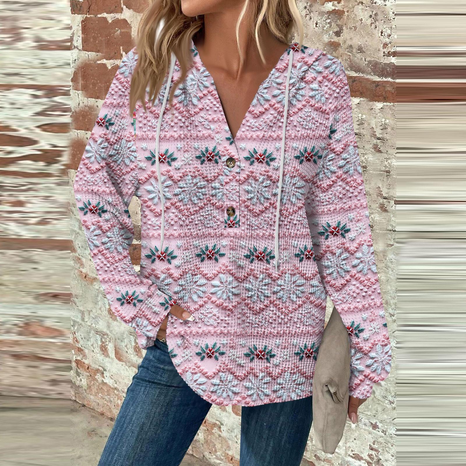 

Жіноча модна повсякденна толстовка з капюшоном і різдвяним принтом із капюшоном і ґудзиками з довгим рукавом і V-подібним вирізом XL рожевий