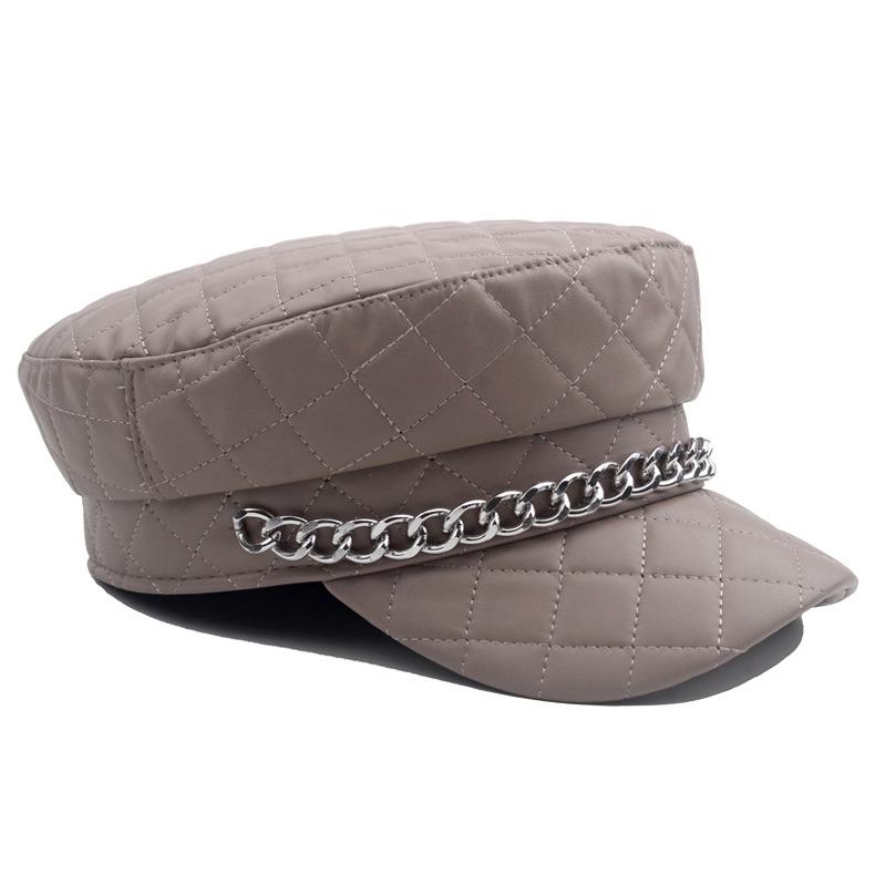 Leather Painted Hat Women's Chain Flat Top Army Hat Autumn Winter Warm Cap