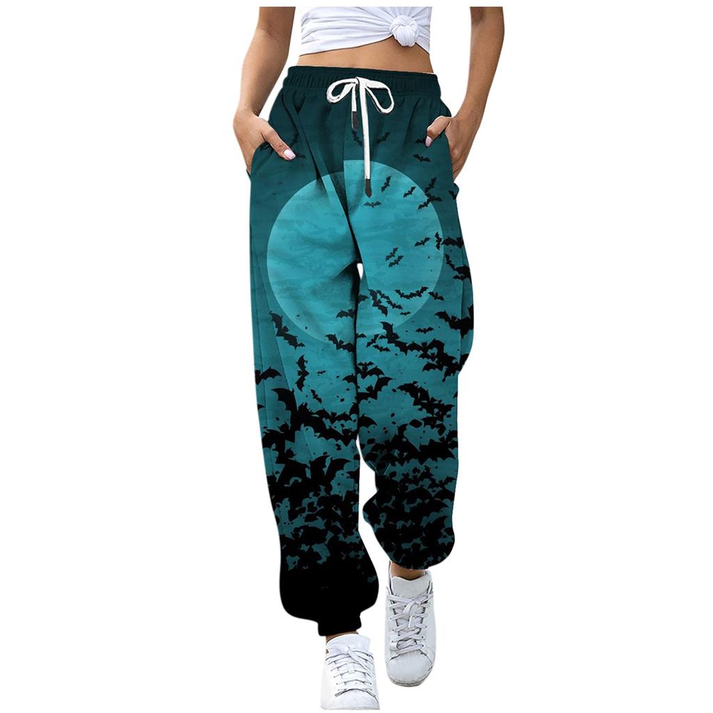 Uformelle bukser med halloweentrykk for kvinner Snøring Elastisk midje Snøringsbukser med lommer