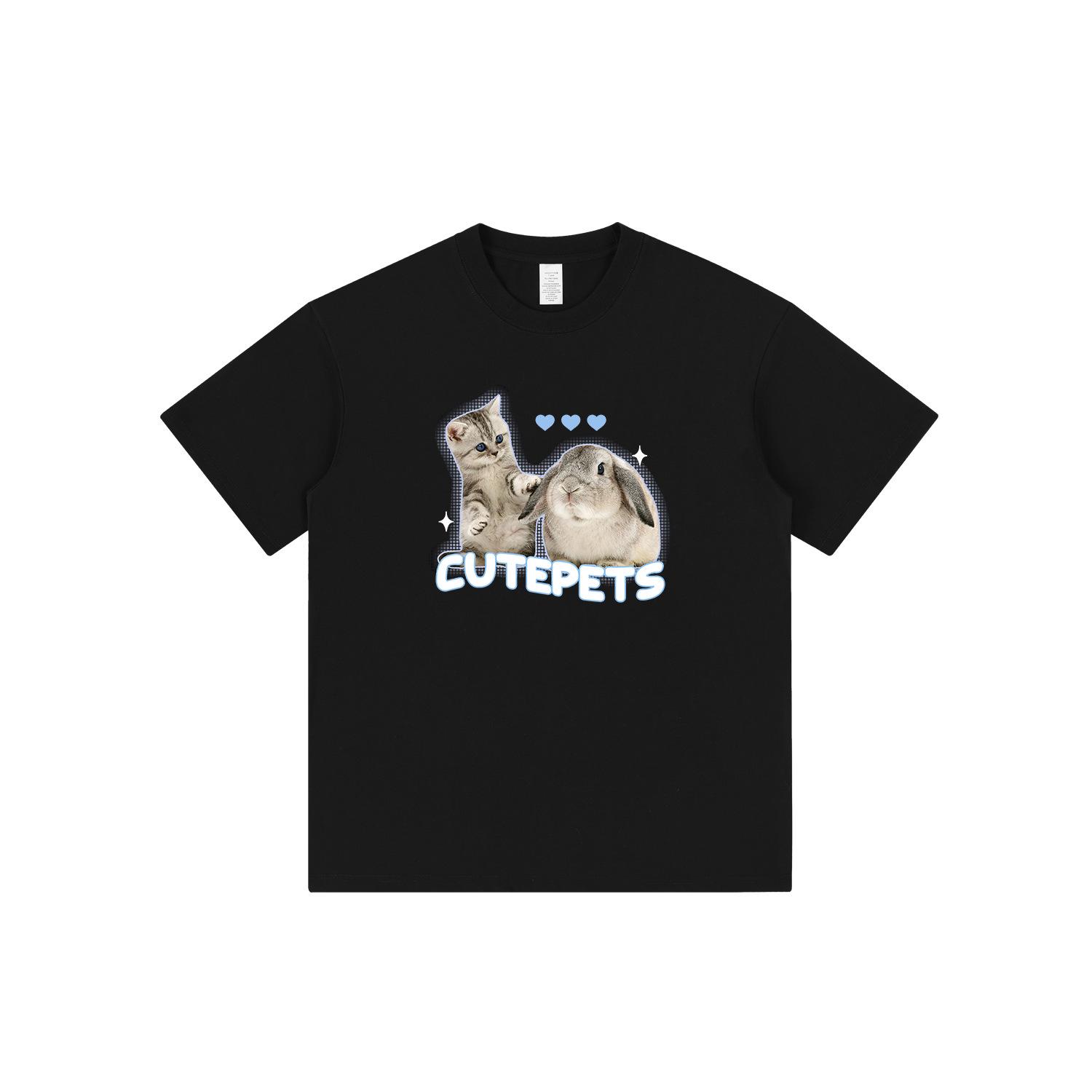 

Fun Rabbit & Cat Print Cotton Short Sleeve T-Shirt - Summer Loose Fit for Students & Couples 3XL білий