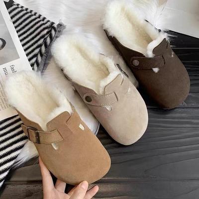 Retro Spring Women Suede Round Toe Slippers Outdoor Casual Fur Inside Warm Autumn Winter Flat Hees Sandals Woman Plush