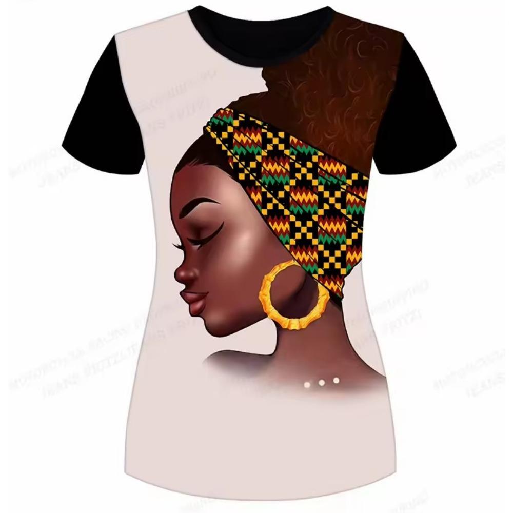 Melanin Girl Natural Hair Pattern T-shirt, women's T-shirt, African casual short-sleeved round-neck top T-shirt