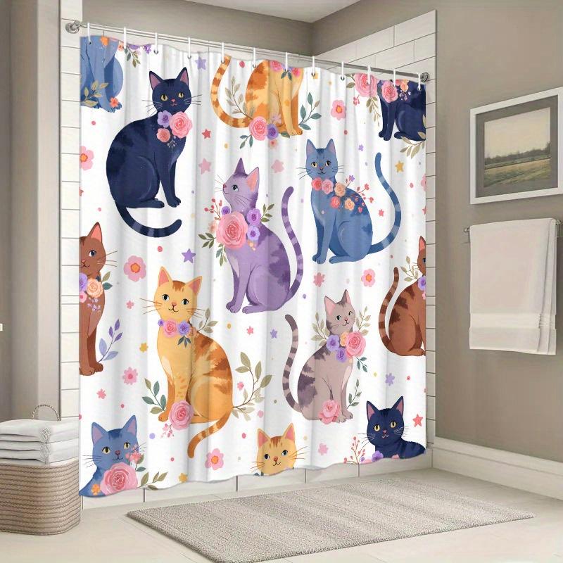Whimsical Cats & Floral Shower Curtain - Playful Feline Design, Pink Purple Roses & Stars, Durable Polyester,Machine Washable