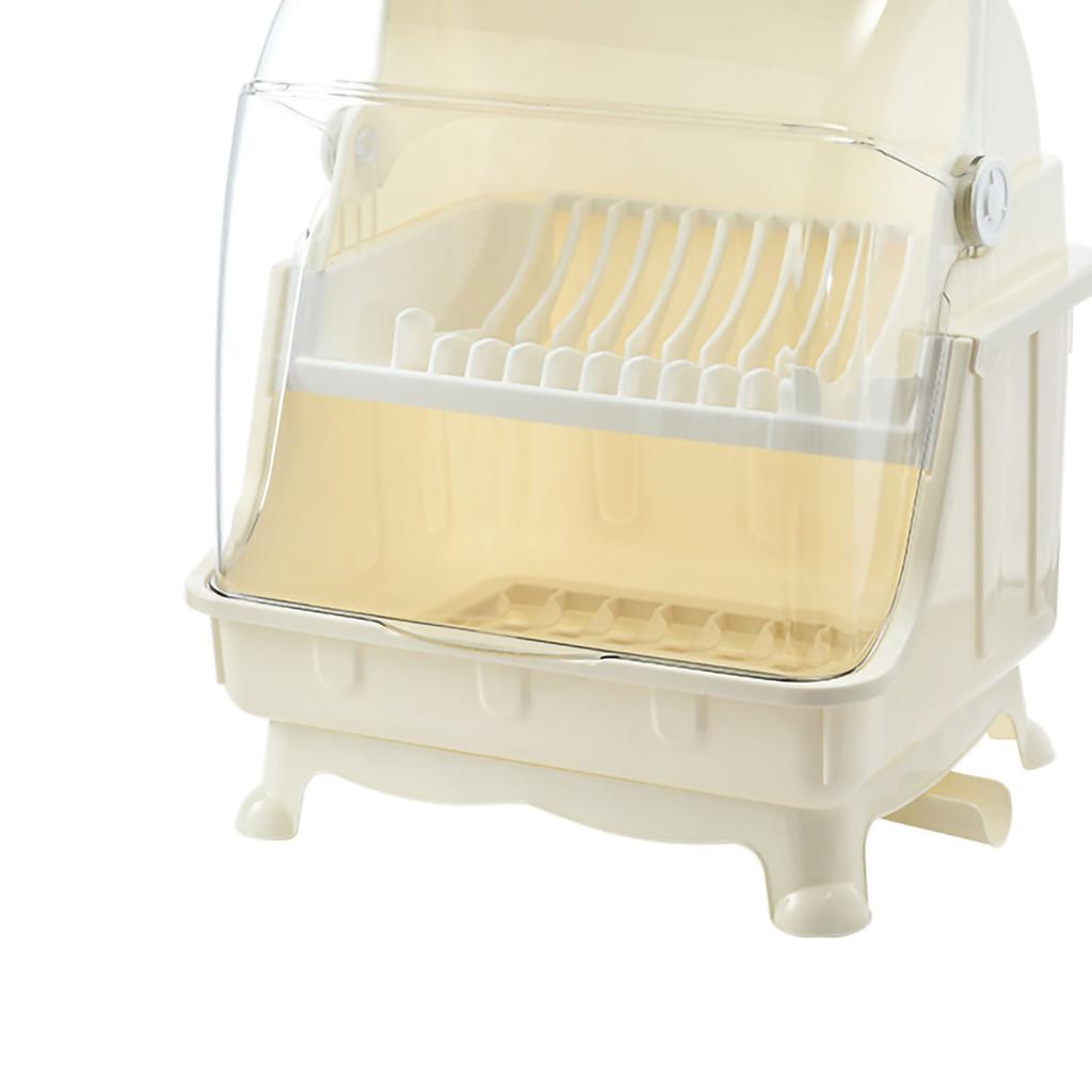 Cutlery Dish Drainer Rack with Lid Cover Multifunctional Kitchen Tableware Storage Box Beige