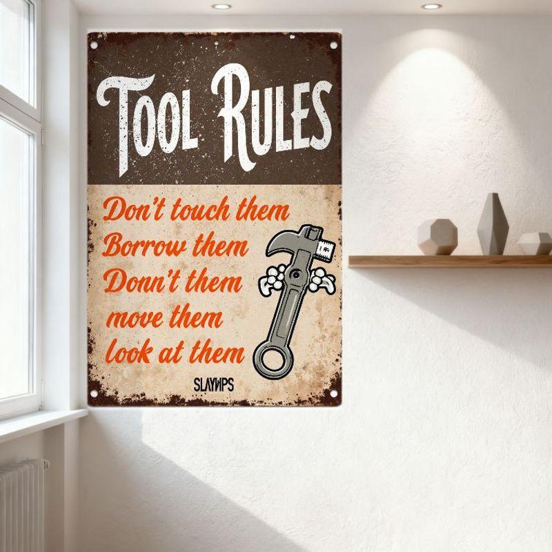Vintage Rusty Tool Rules Metal Tin Sign Distressed Wrench Illustration SLYNGPS for Man Cave Home Decor