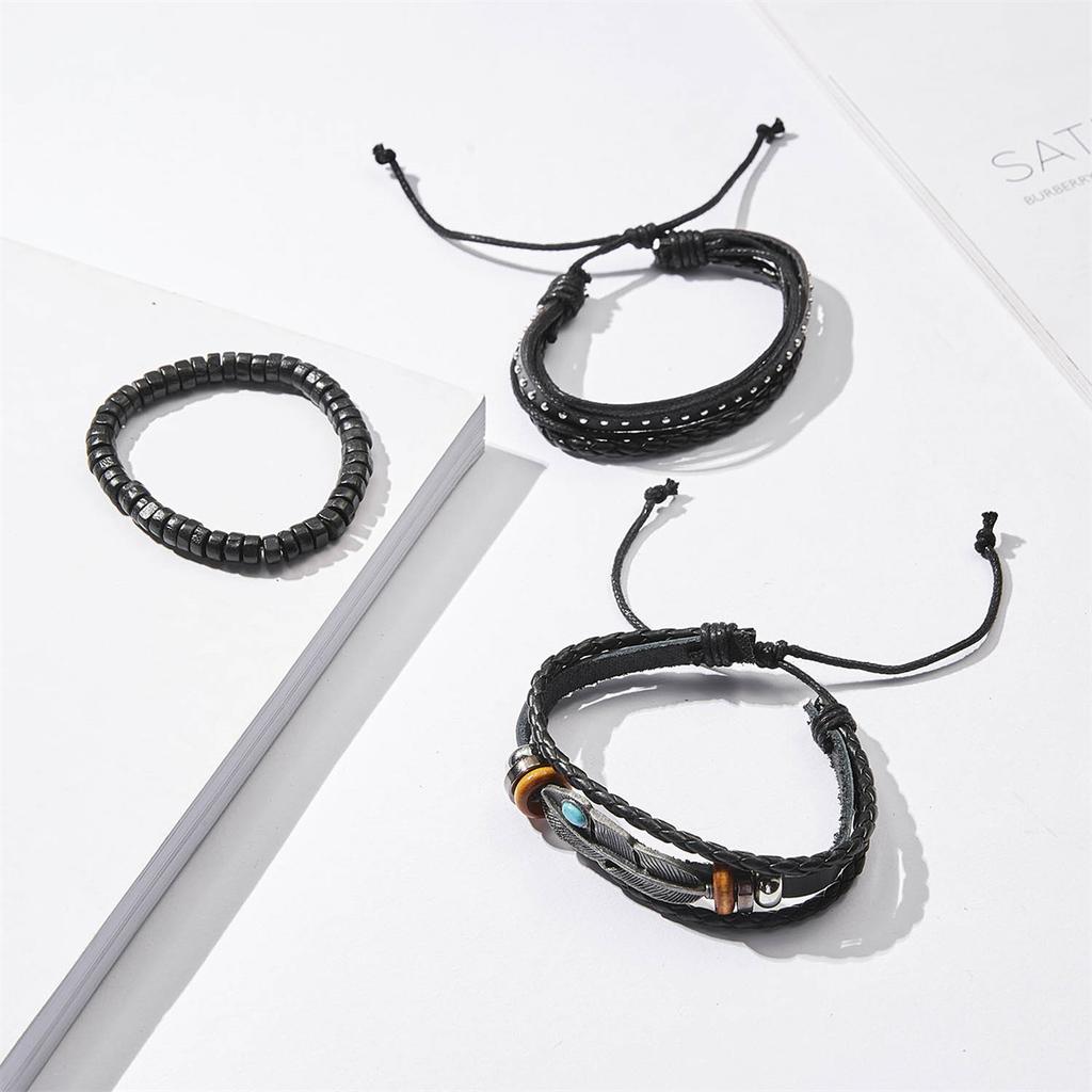 Vintage Multi-layer Feather Star Leather Bracelets For Men Hand-knitted Leaves Rope Wrap Wristband Bracelet Ethnic Party Jewelry