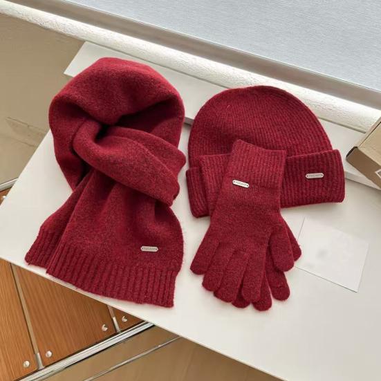 3Pcs/Set Women Hat Scarf Gloves Set Solid Color Ribbed Trim Brimless Hat Long Scarf Warm Gloves Set Winter Accessories