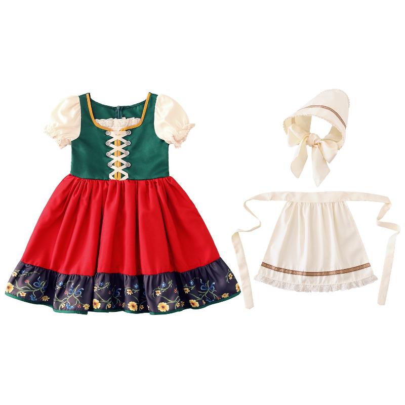Girl Dirndl Oktoberfest Costume Bavarian Beer Festival Dress Maid Apron Halloween Cosplay Outfits Short Sleeve Oktoberfest Costume German Dirndl Dress 120cm