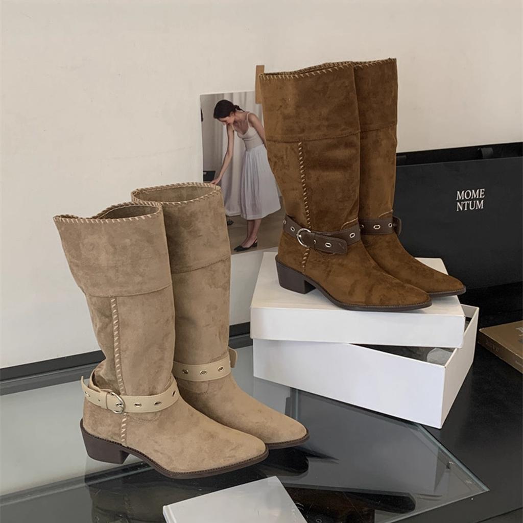 Coarse heel suede pointed boots women's 2025 autumn and winter new two-wear women's boots belt buckle sleeve western cowboy boots