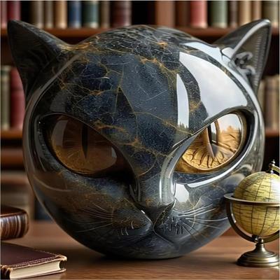 Figurine Decorative Pisică Neagră din Piatră Rășină Cap de Pisică Piatră Vindecătoare Textură de Marmură Piatră Pisică Suvenir Cadou Decor Pisici Birou