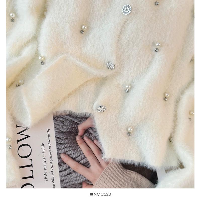 Autumn Winter Women Sweet Beading Soft Furry Mohair Knitted Sweater Christmas Short Cardigan Tops