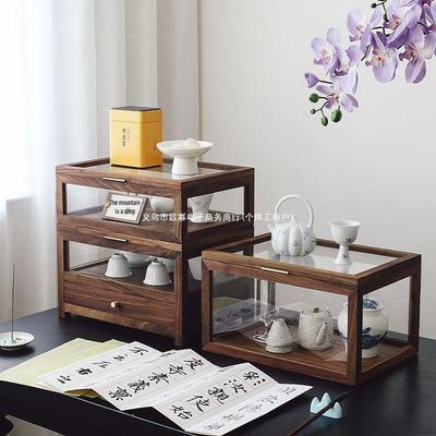 Chinese Style Glass and Walnut Jewelry Display Cabinet with Lid - Dustproof Desktop Storage Box
