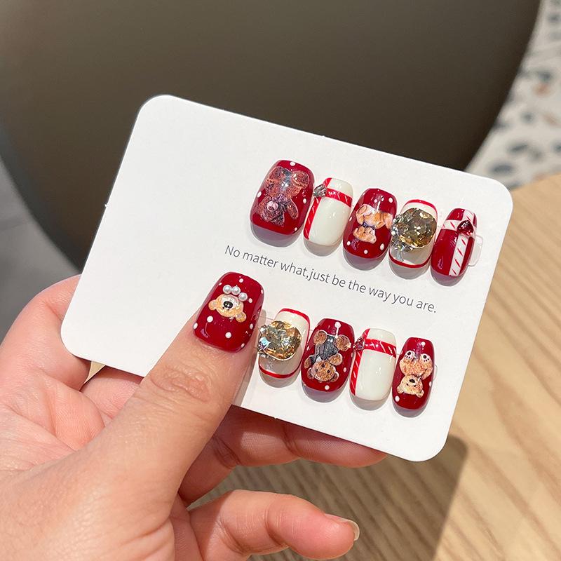 

Holiday Red Bear Handmade Press-On Nails - Cute Autumn/Winter Nail Art M