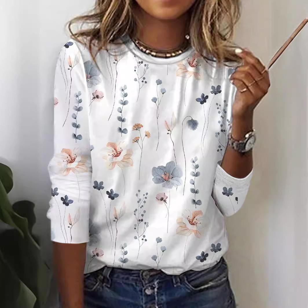 

Women s Round Neck Long Sleeve Pullover Shirt Womens 3D Floral Print Loose Casual Comfortable Tops Plus Size S белый