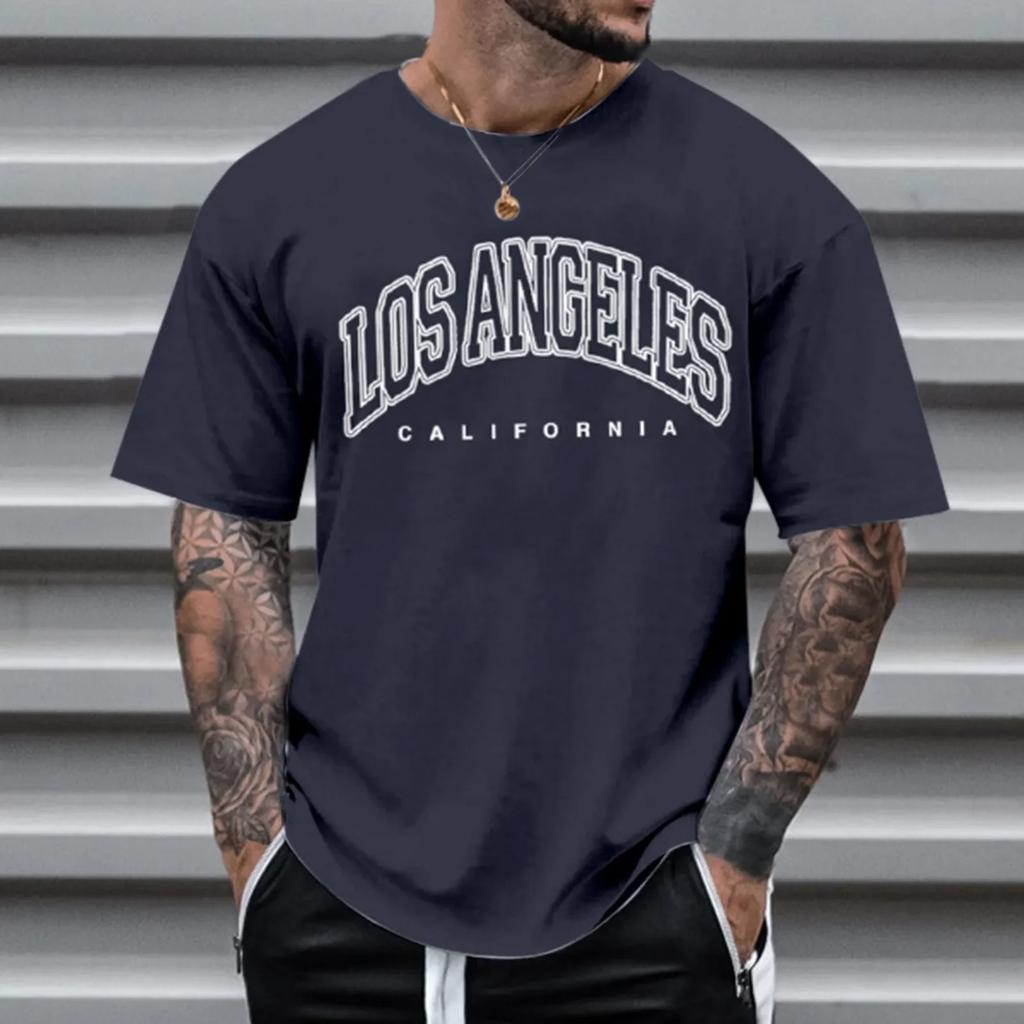 Los Angeles Letter Print T-shirts Men Clothes European American Vintage Style Short-sleeve Tees Tops Harajuku Summer Shirts 2023