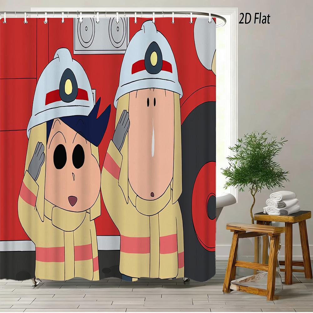 Crayon Shin-Chan Ufo & Shiro 2D Print Waterproof Shower Curtain, Green Anime Bathroom Decor With Hooks