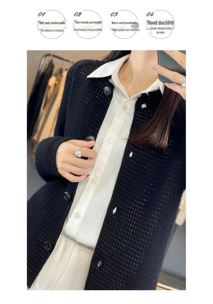 Women's Pure Wool Knit Cardigan Sweater: Loose, Round Neck, Hollow-Out Design