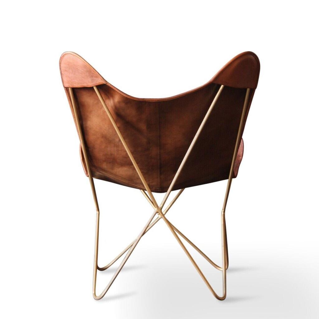 Indyjski antyczny skórzany fotel motylkowy Tan Relax Arm Chair Home Décor Lounge