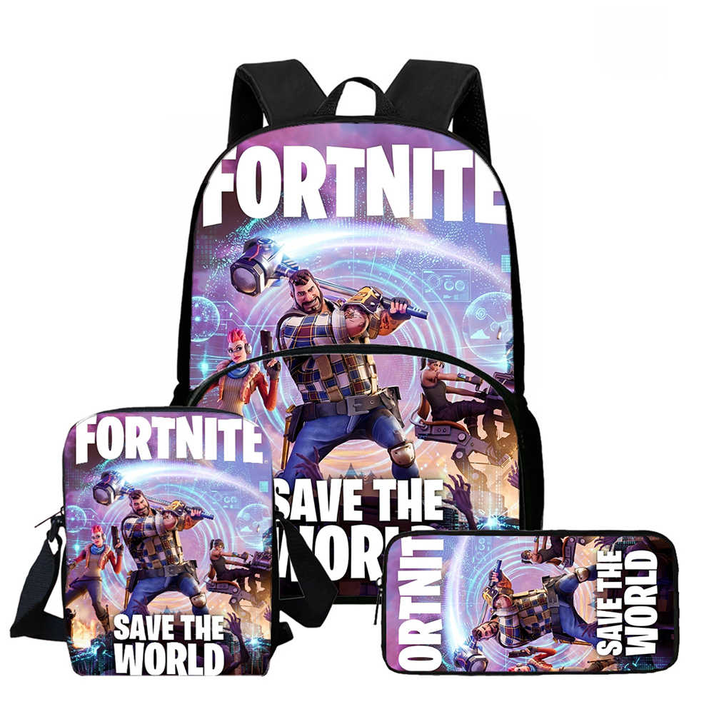 3Pcs Set School Backpack With Front Pocket & Crossbody Bag & Pencil Bag,Cartoon Fortnite For Age 6-10,Lightweight For Boys Girls