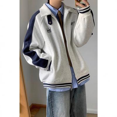Striped Sports Cardigans for Men and Women Spring Stand-up Collar Contrasting Raglan Sleeves Couple Sweatshirt Jacket