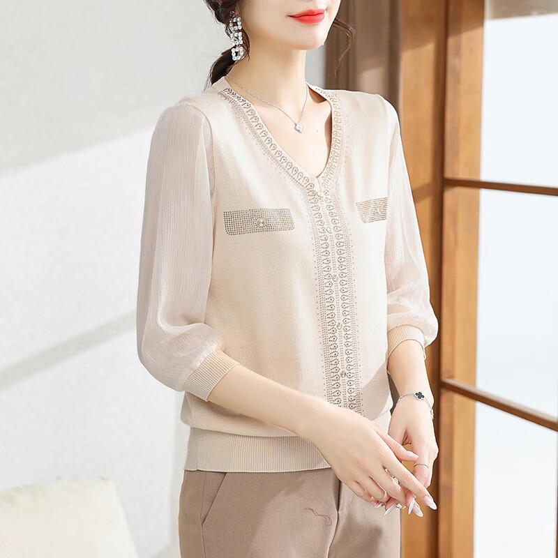 Xuexi Damen Langarm-T-Shirt mit Strassverzierungen