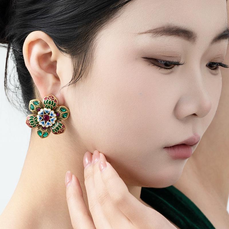 Retro Ethnic Enamel Emerald Flower Zen Lotus Silver Stud Earrings