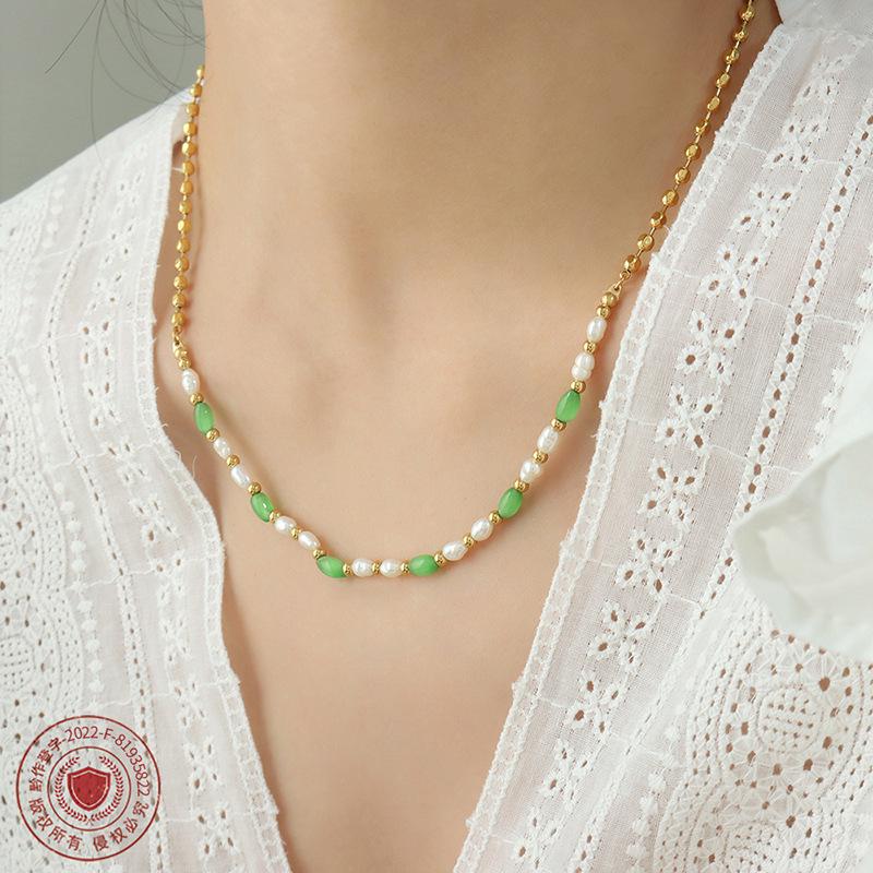 Trendy Thai Green Cat's Eye & Freshwater Pearl Beaded Necklace in Titanium Steel
