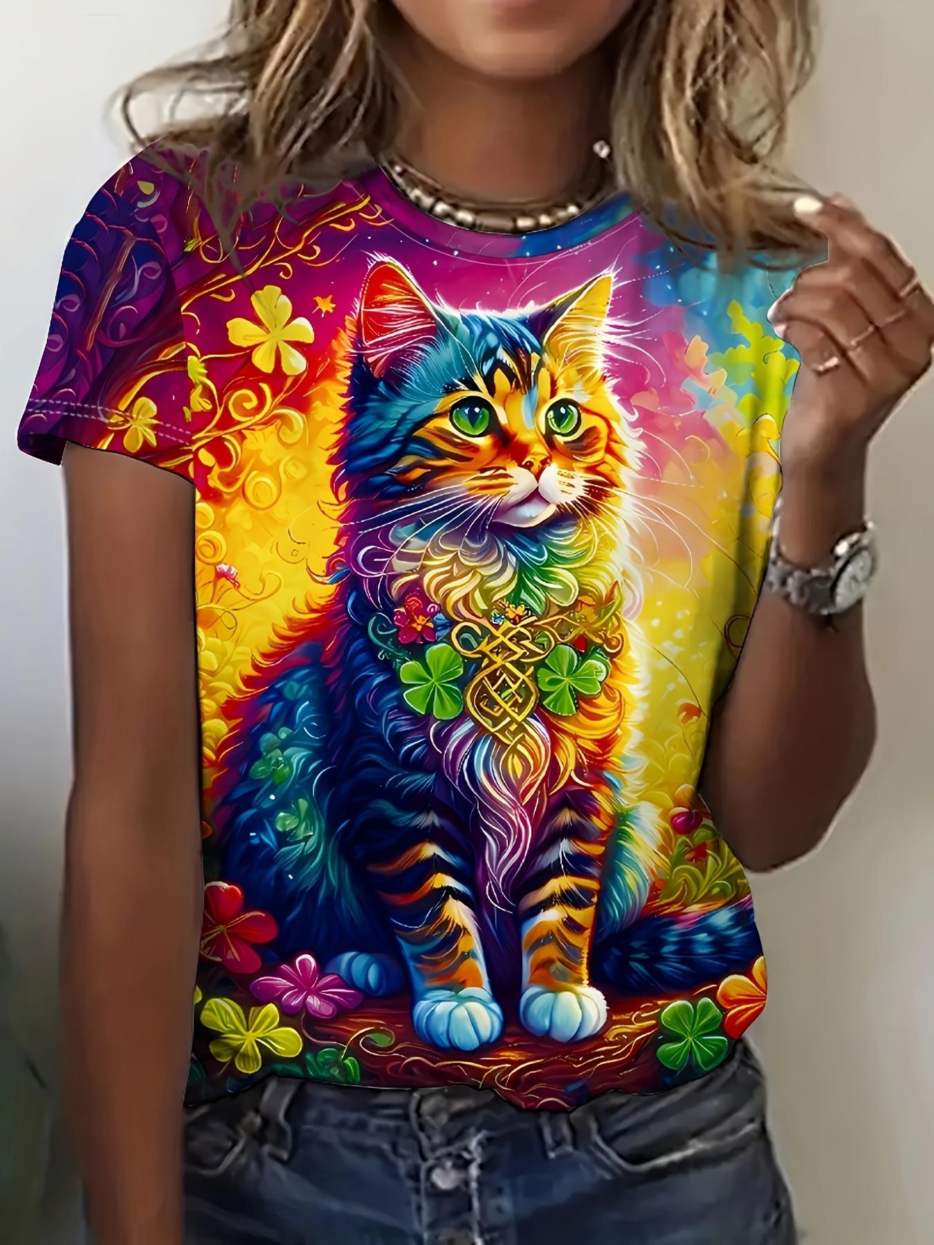 Women s Tee - Colorful Celtic Cat & Clover Graphic, Whimsical Psychedelic Pet Design for Casual Daily Wear S
