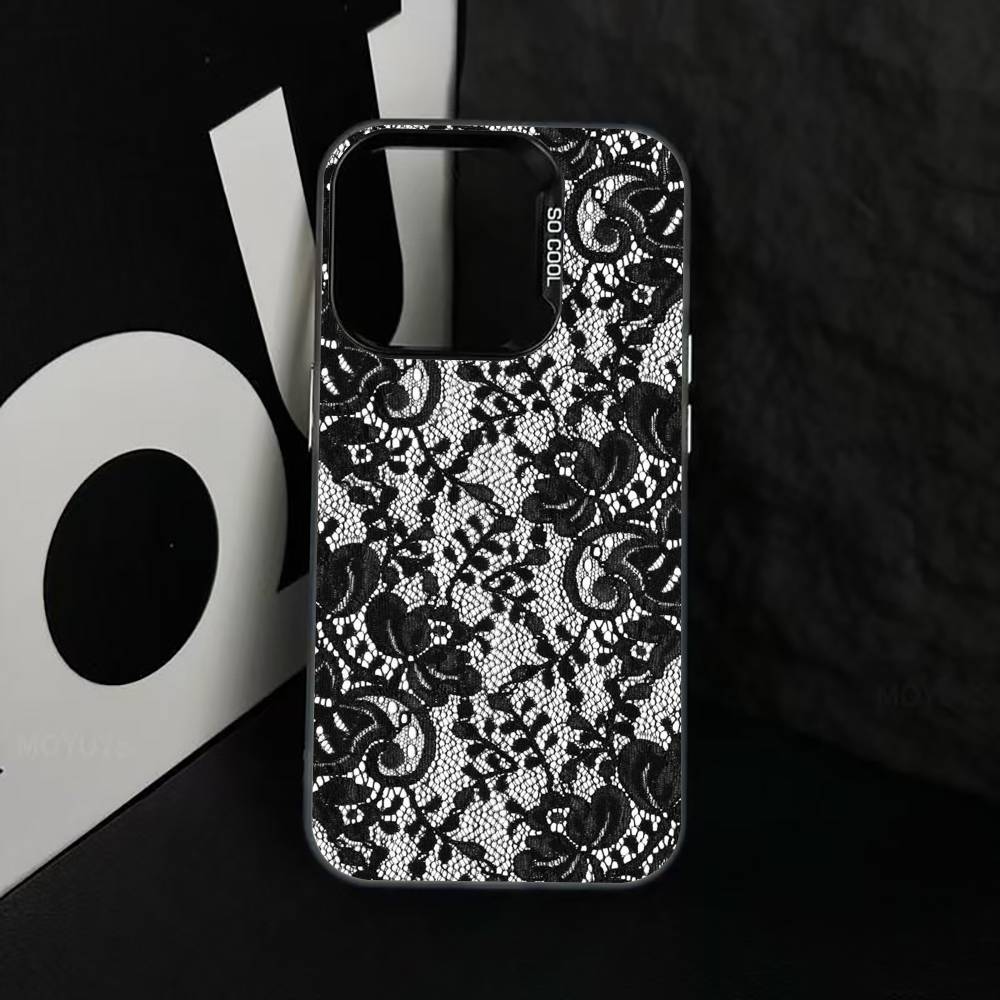 

B-Black lace print Phone Case For iPhone 17,16,15,14,13,12,11 Plus,Pro Max,XS,Colorful Silver Black Cover iPhone16e