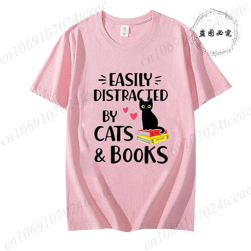 Short Sleeve Tshirt for Unisex Tee Clothes Easily Distracted By Cats and Books Tee Tops Book Reader Top Y2K Unisex Casual Clothes