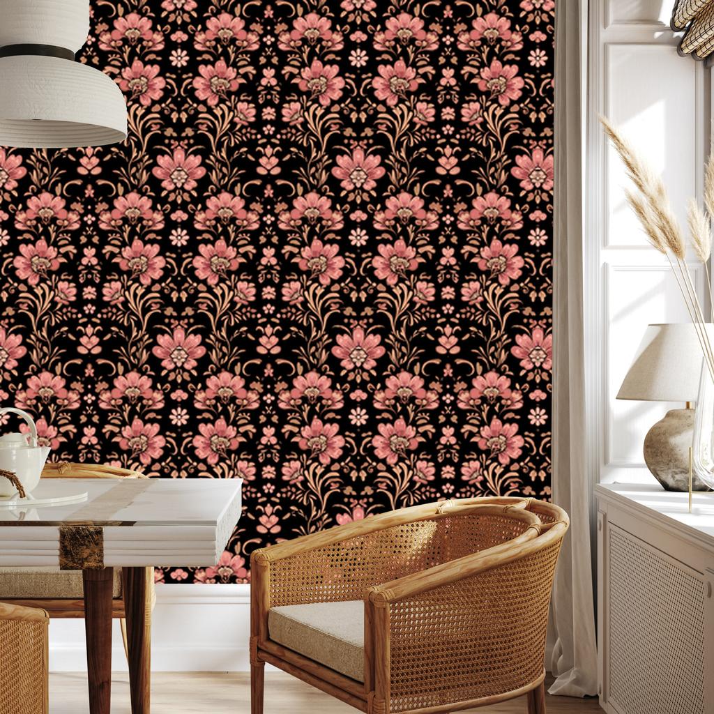 Beautiful Flowers Wallpaper In Rust, Black and Red for Living Room and Bedroom 50x1000