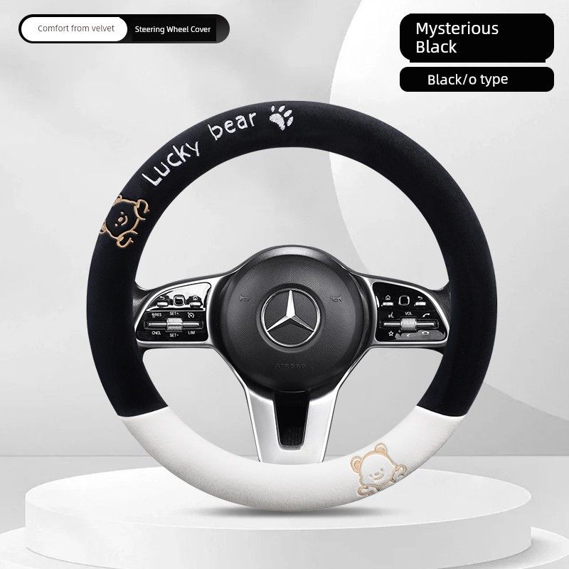 Car Steering Wheel Cover Winter Plush New Style Warm and Fleece-Lined for Women, High-End and Cute Round Steering Wheel Cover Decoration Mysterious Black Steering Wheel Cover Round