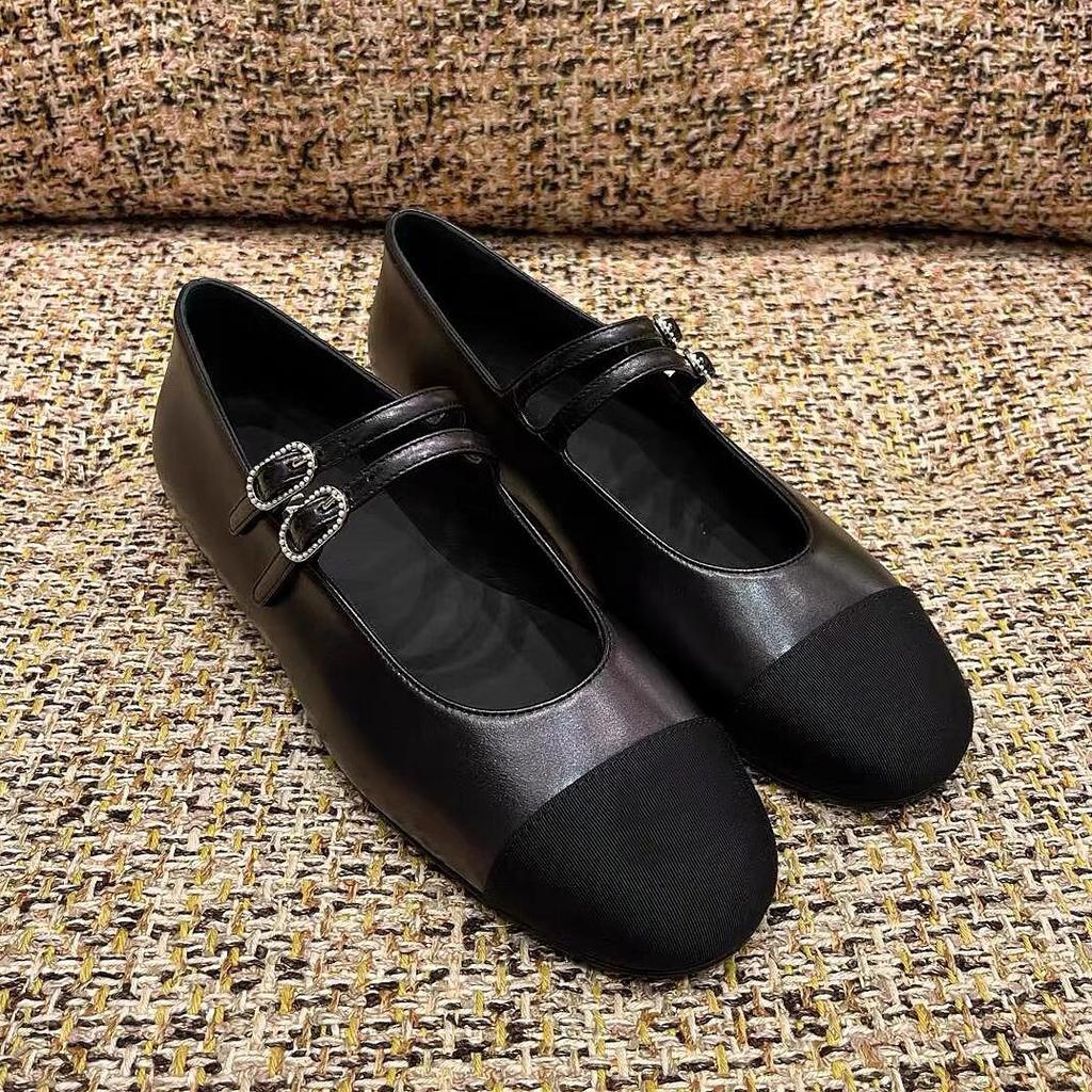 Leather Small Fragrant Style Color Matching Light Mouth Flat Bottom Ballet Shoes Women's Spring and Autumn Commuting Double One-word Buckle Belt Ma