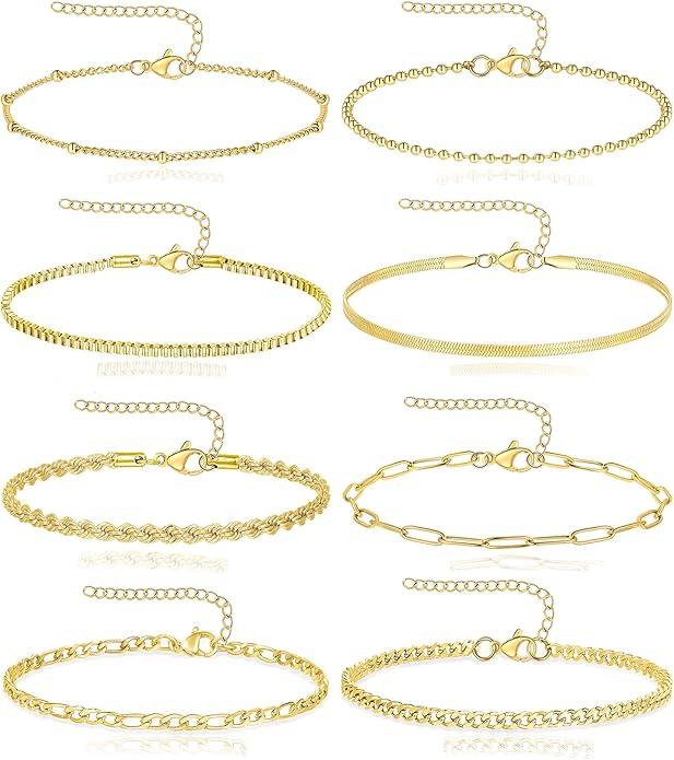8Pcs Bracelets Stainless Steel Chain Bracelet Satellite Bead Herringbone Rope Paperclip Figaro Cuban Link Bracelet Adjustable