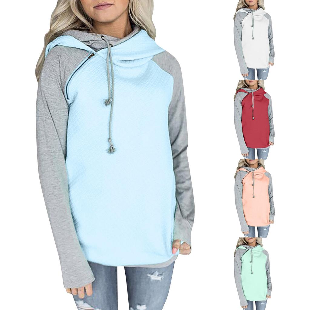 Women's Zip Funnel Neck Hooded Sweatshirts Long Sleeve Pullover Hoodie Drawstring Hoody Raglan Pullover Tops