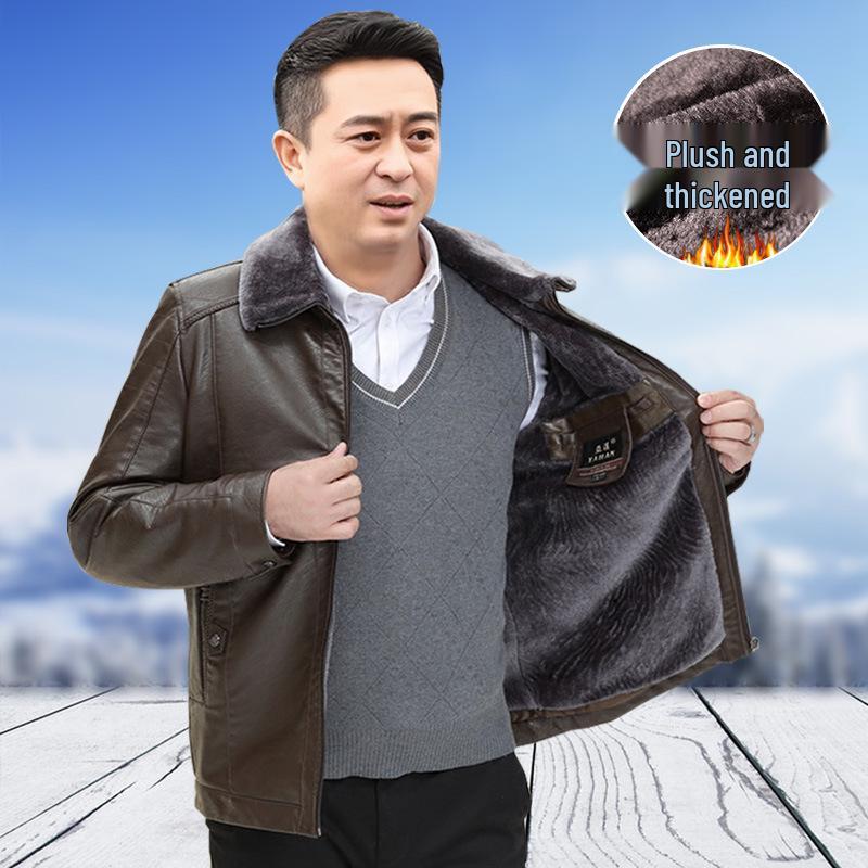 50-Year-Old Dad's Plus Velvet Thickened Leather Jacket for Middle-Aged & Elderly Men - Winter Cotton Padded Grandpa Jacket